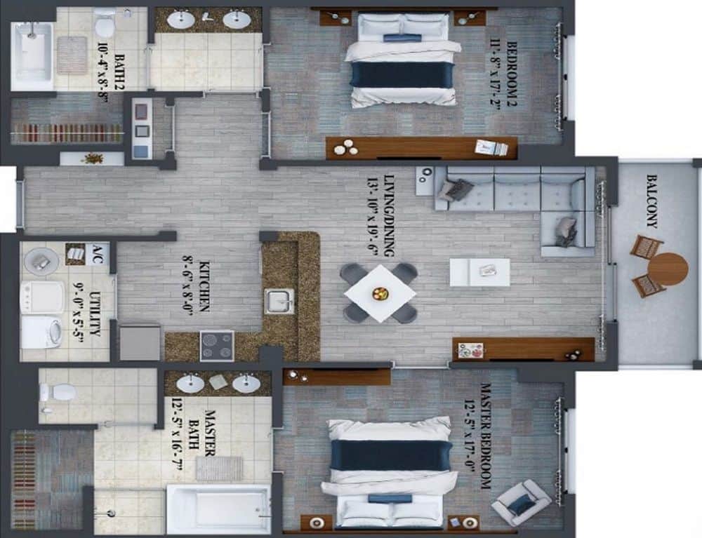Floorplan of the 2 Bedroom 2 Bathroom Suite at the Grove Resort Orlando Fl