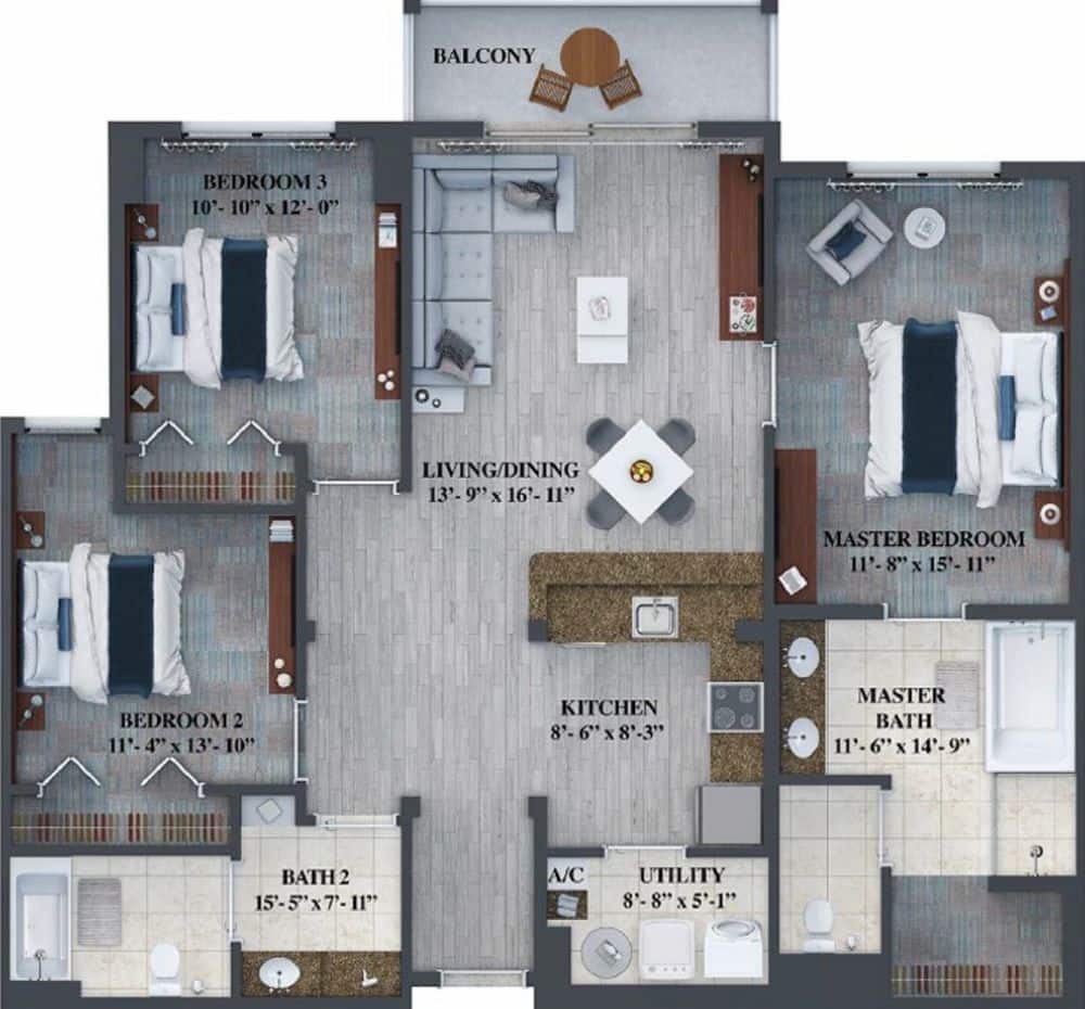 Floorplan of the 3 Bedroom 2 Bathroom Suite at the Grove Resort Orlando Fl