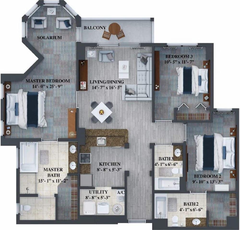 Floorplan of the 3 Bedroom 3 Bathroom Suite at the Grove Resort Orlando Fl
