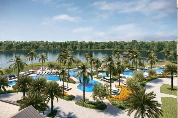 Overview of The Springs Pools and the Lake in the background at The Grove Resort in Orlando 600