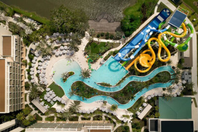 Top down view of the River Falls Water Park at the Orlando Marriott World Center Resort 1000