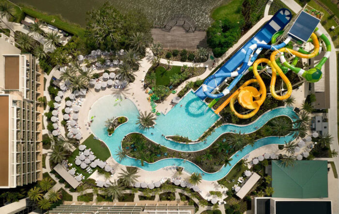Top down view of the River Falls Water Park at the Orlando Marriott World Center Resort 1000