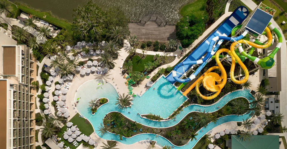 Top down view of the River Falls Water Park at the Orlando Marriott World Center Resort 960