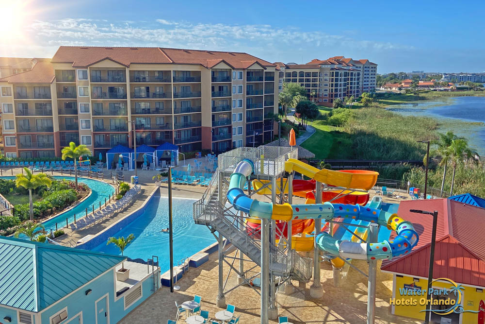 Fun water park with wave pool, lazy river, and water slides at the Westgate Lakes Spa and Resort Orlando, Florida