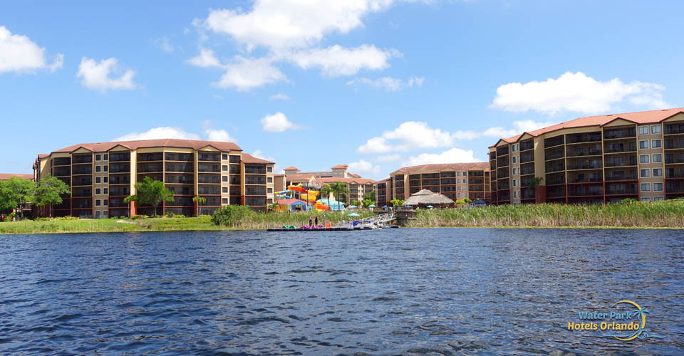 View of the water park and villas from Big Sand Lake at the Westgate Lakes Resort in Orlando 960