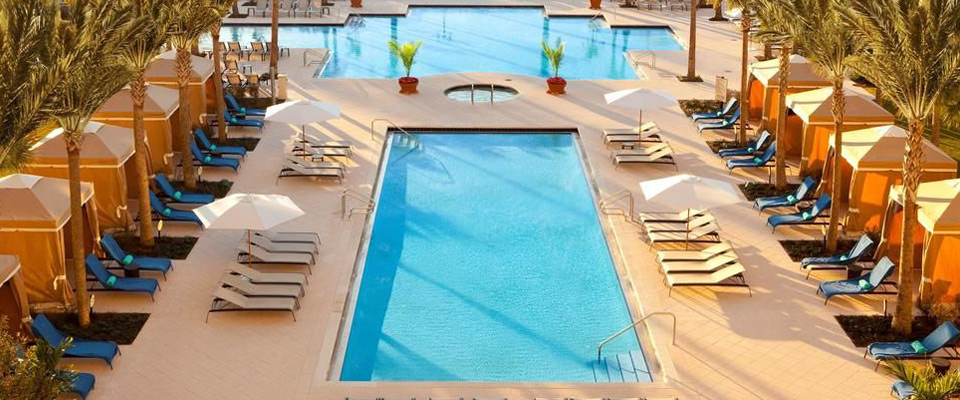 Rows of Cabanas line the main Quiet Pool at the Waldorf Astoria