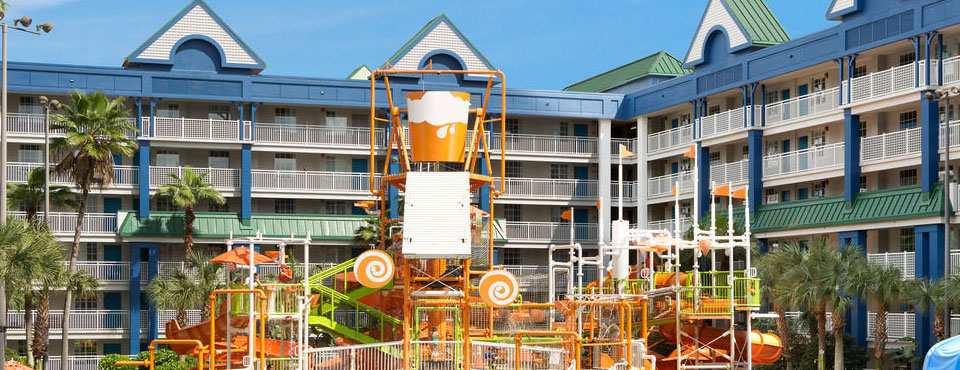 View of the large water park zone with 400 gallon dumping bucket at the Holiday Inn Resort Orlando Suites Water Park