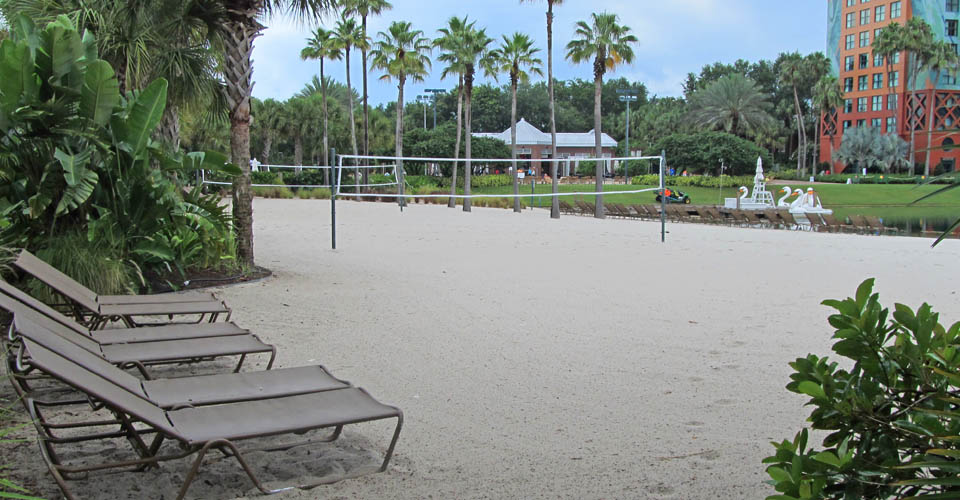 Sand Volleyball with swan pedal boats in the background at the Walt Disney World Dolphin Resort 960