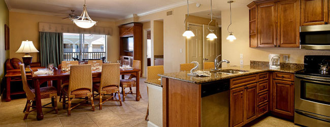 Full size kitchen in a deluxe 3 Bedroom Villa at the Westgate Town Center Resort in Orlando FL