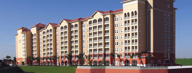 One of the large 6 story buildings that make up the Westgate Town Center Villas overlooking the lake