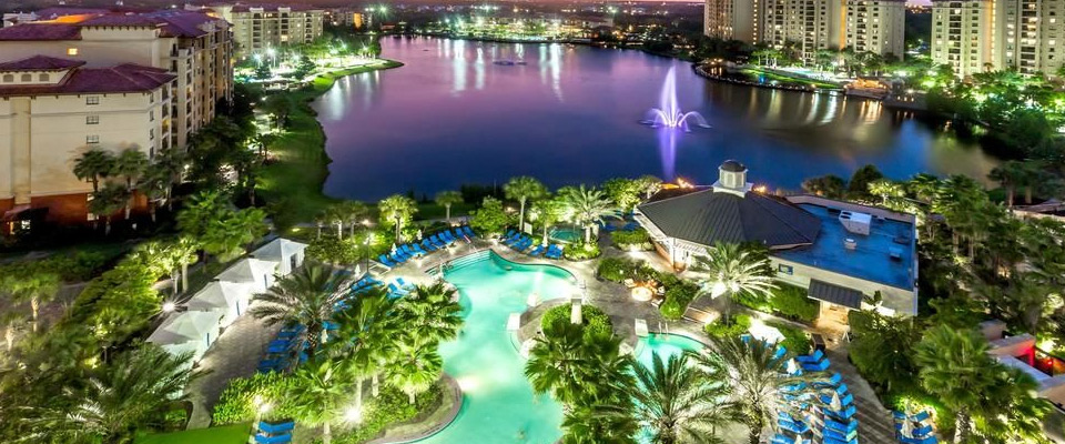 Wyndham Bonnet Creek in Orlando Fl view of pool in the evening overlooking the beauty of the lake 960