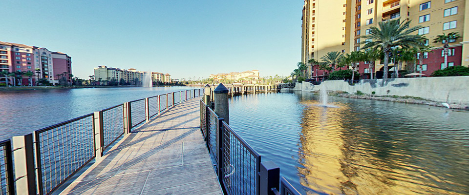 The Boardwalk over the Lake at the Wyndham Bonnet Creek Resort in Orlando