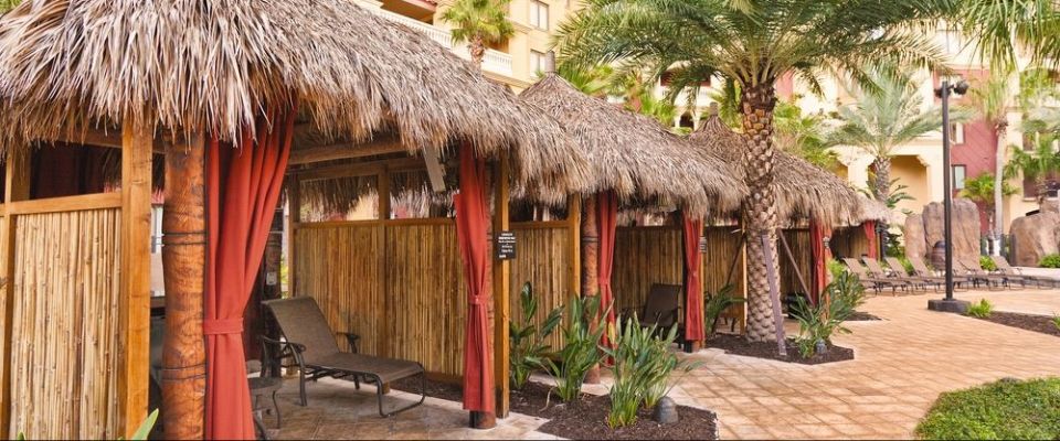 Tiki hut style Cabanas at the Pirate Pool at the Wyndham Bonnet Creek Resort in Orlando