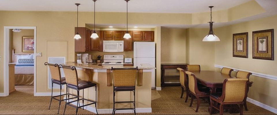 View of a 2 Bedroom Kitchen and Dining Room at the Wyndham Bonnet Creek Resort in Orlando 960