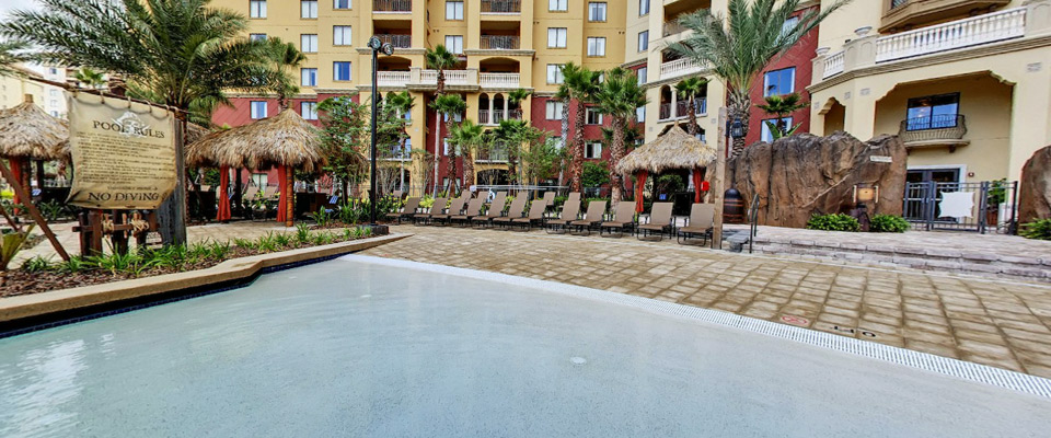 View of zero entry point of one of the pools at the Wyndham Bonnet Creek Resort in Orlando