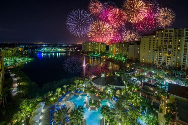 View of the Fireworks across the lake at Disney Epcot from the balcony at the Wyndham Grand Orlando 600