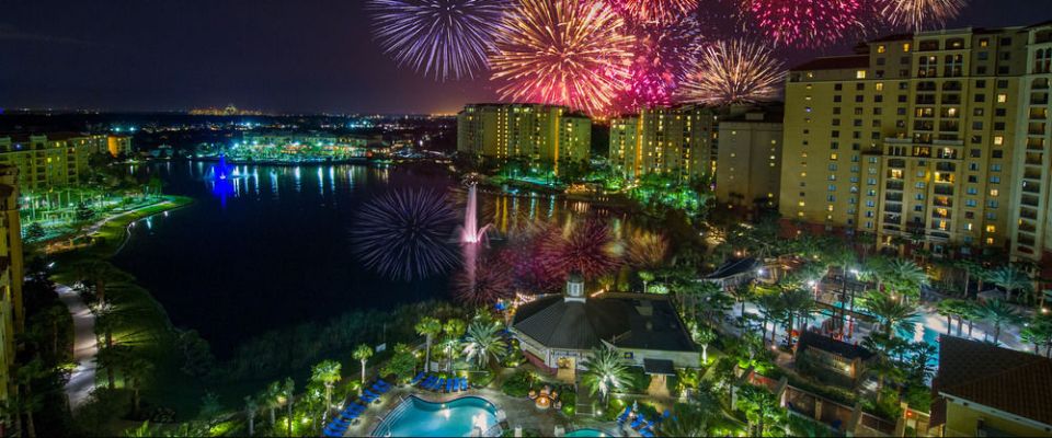 View of the Fireworks across the lake at Disney Epcot from the balcony at the Wyndham Grand Orlando 960